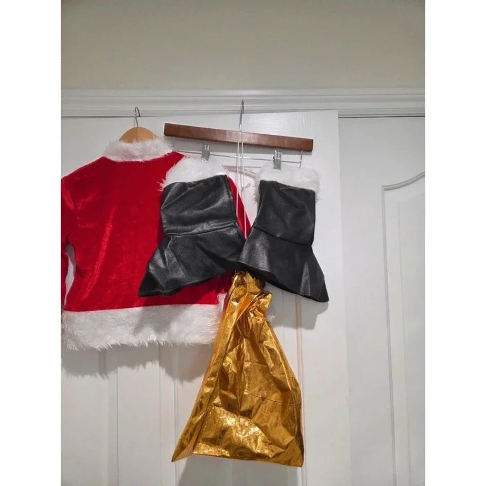 Kids Santa Claus Costume Red Suit Pants Hat Beard Wig Boot Covers Christmas